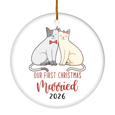 Our First Christmas Married Mr And Mrs 2025 Cat For Wedding Newlywed Couple (17) 2025 Christmas Tree Ornament | teecentury