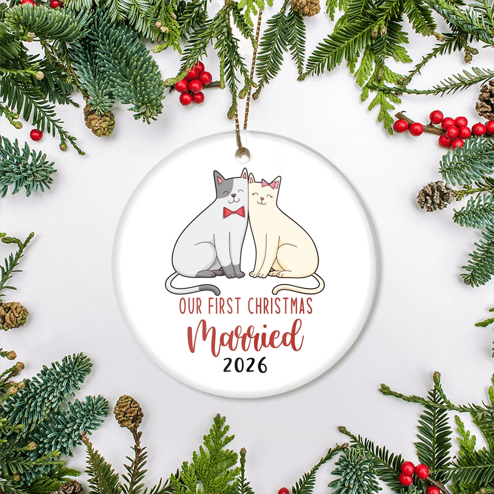 Our First Christmas Married Mr And Mrs 2025 Cat For Wedding Newlywed Couple (17) 2025 Christmas Tree Ornament | teecentury