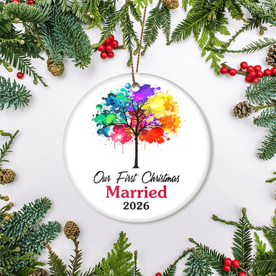 Our First Christmas Married Mr And Mrs 2025 Colorful Tree For Wedding Newlywed Couple (16) 2025 Christmas Tree Ornament | teecentury