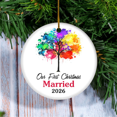 Our First Christmas Married Mr And Mrs 2025 Colorful Tree For Wedding Newlywed Couple (16) 2025 Christmas Tree Ornament | teecentury