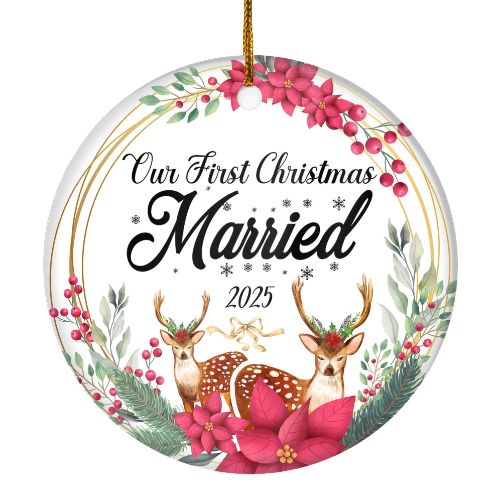 Our First Christmas Married Mr And Mrs 2025 Deer Christmas For Wedding Newlywed Couple (15) Christmas Tree Ornament | teecentury