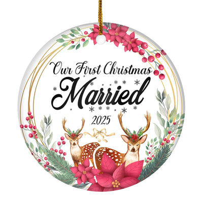 Our First Christmas Married Mr And Mrs 2025 Deer Christmas For Wedding Newlywed Couple (15) Christmas Tree Ornament | teecentury