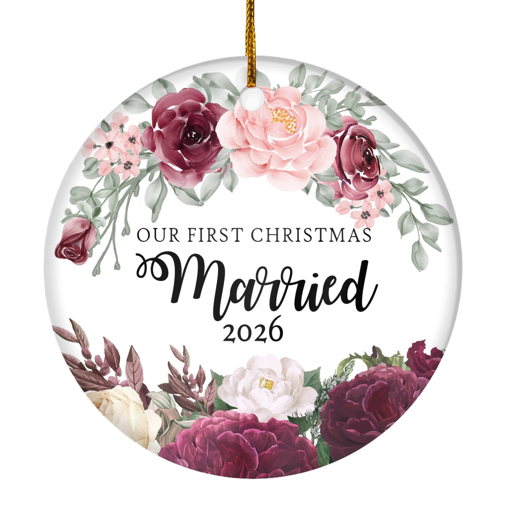 Our First Christmas Married Mr And Mrs 2025 Flower For Wedding Newlywed Couple (11) 2025 Christmas Tree Ornament | teecentury