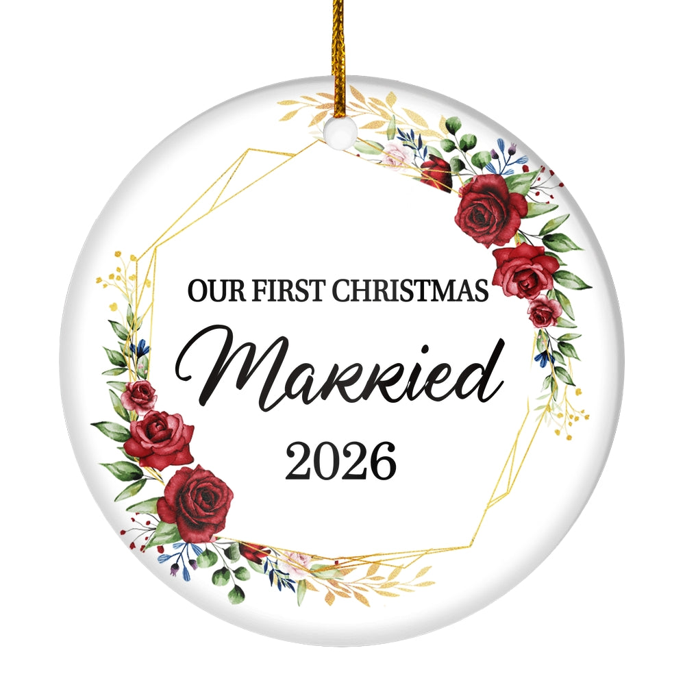 Our First Christmas Married Mr And Mrs 2025 Flower For Wedding Newlywed Couple (12) 2025 Christmas Tree Ornament | teecentury