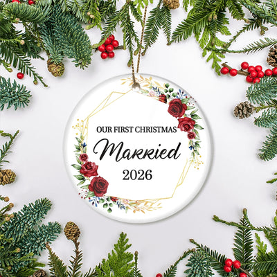 Our First Christmas Married Mr And Mrs 2025 Flower For Wedding Newlywed Couple (12) 2025 Christmas Tree Ornament | teecentury