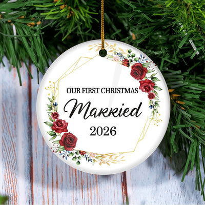 Our First Christmas Married Mr And Mrs 2025 Flower For Wedding Newlywed Couple (12) 2025 Christmas Tree Ornament | teecentury