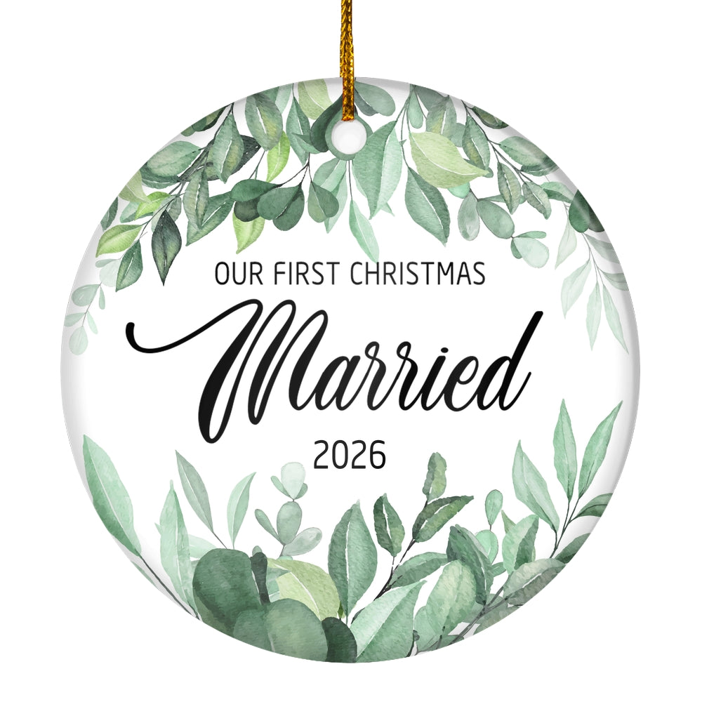 Our First Christmas Married Mr And Mrs 2025 Flower Leaf For Wedding Newlywed Couple (14) 2025 Christmas Tree Ornament | teecentury