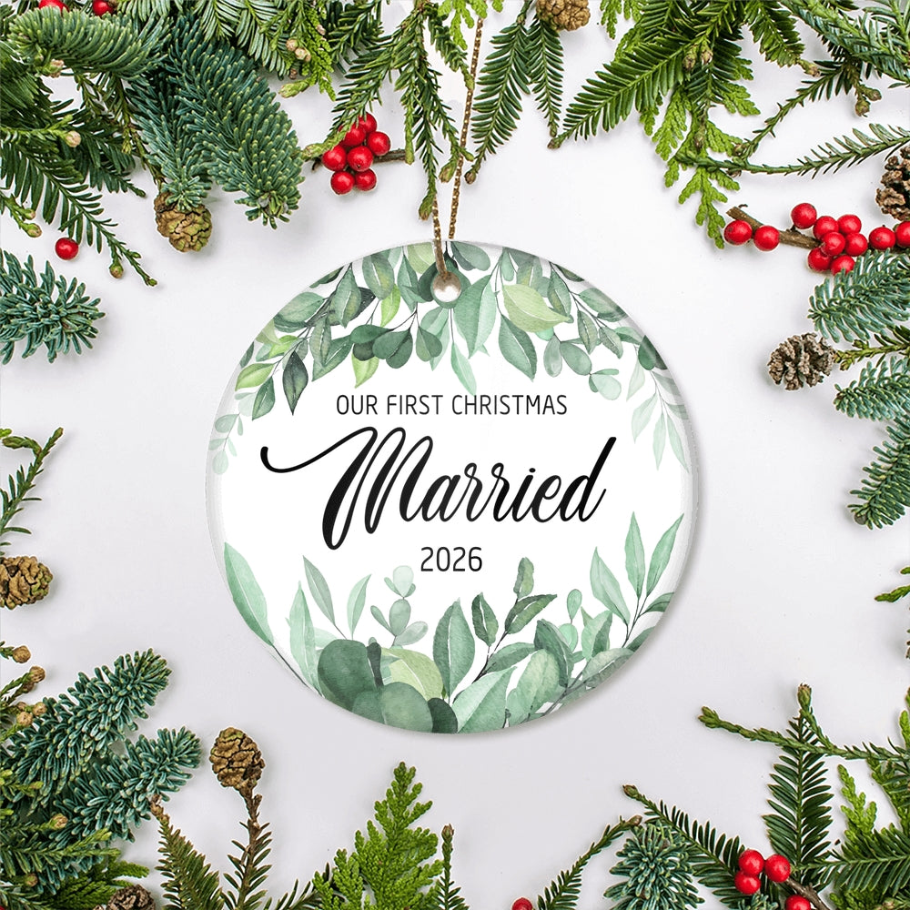 Our First Christmas Married Mr And Mrs 2025 Flower Leaf For Wedding Newlywed Couple (14) 2025 Christmas Tree Ornament | teecentury