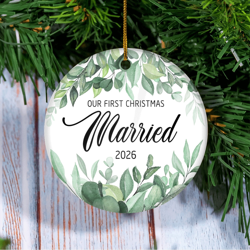 Our First Christmas Married Mr And Mrs 2025 Flower Leaf For Wedding Newlywed Couple (14) 2025 Christmas Tree Ornament | teecentury