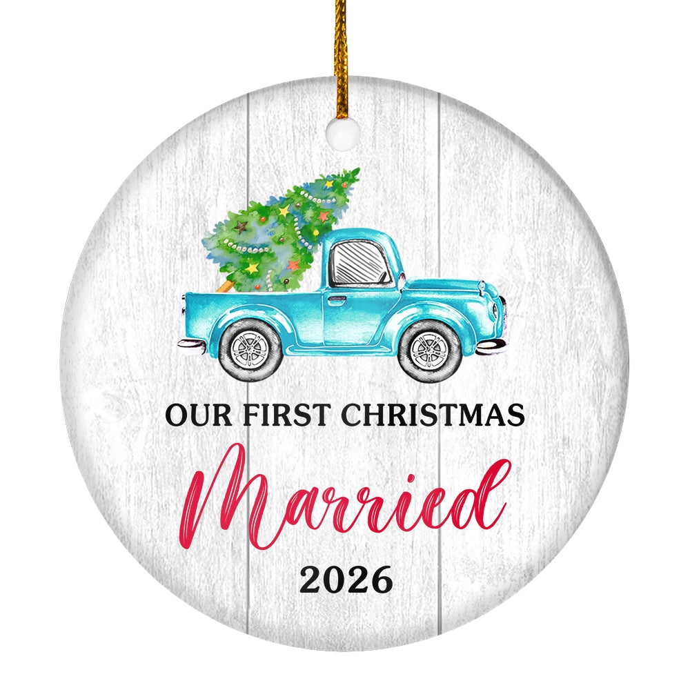 Our First Christmas Married Mr And Mrs 2025 Truck Tree Wood For Wedding Newlywed Couple (18) Christmas Tree Ornament | teecentury