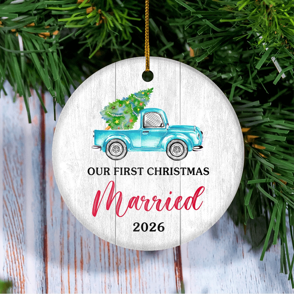 Our First Christmas Married Mr And Mrs 2025 Truck Tree Wood For Wedding Newlywed Couple (18) Christmas Tree Ornament | teecentury