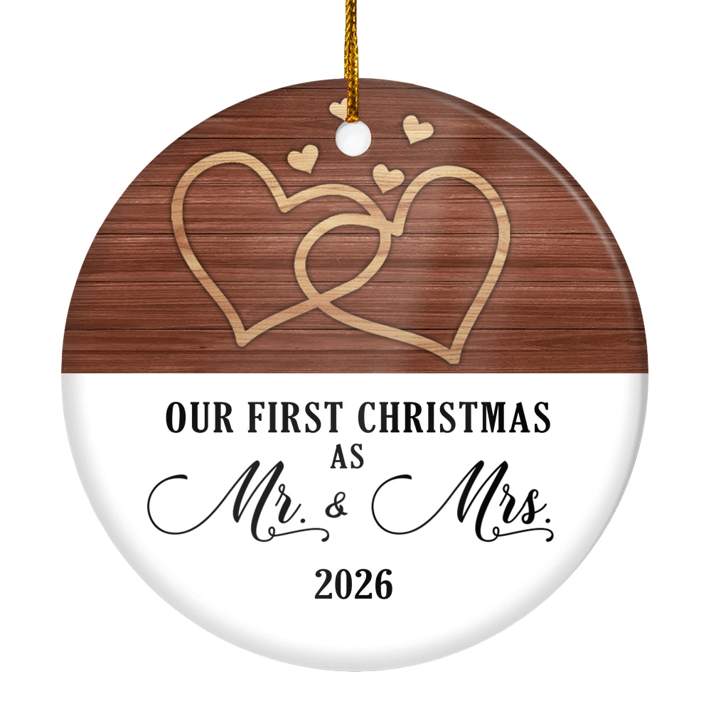 Our First Christmas Married Mr And Mrs 2025 White Brown Wood For Wedding Newlywed Couple 2025 Christmas Tree Ornament | teecentury