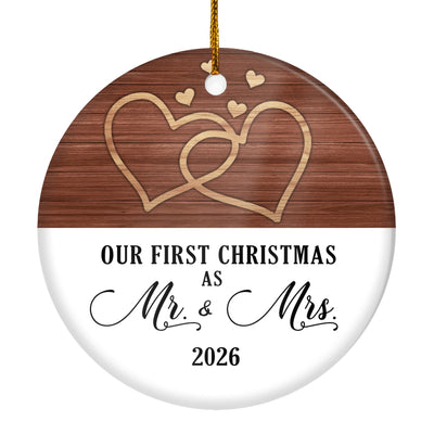 Our First Christmas Married Mr And Mrs 2025 White Brown Wood For Wedding Newlywed Couple 2025 Christmas Tree Ornament | teecentury