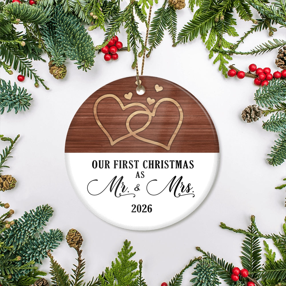 Our First Christmas Married Mr And Mrs 2025 White Brown Wood For Wedding Newlywed Couple 2025 Christmas Tree Ornament | teecentury
