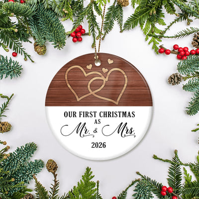 Our First Christmas Married Mr And Mrs 2025 White Brown Wood For Wedding Newlywed Couple 2025 Christmas Tree Ornament | teecentury