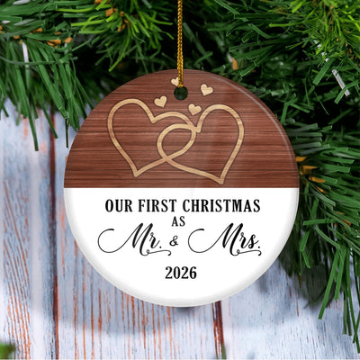 Our First Christmas Married Mr And Mrs 2025 White Brown Wood For Wedding Newlywed Couple 2025 Christmas Tree Ornament | teecentury