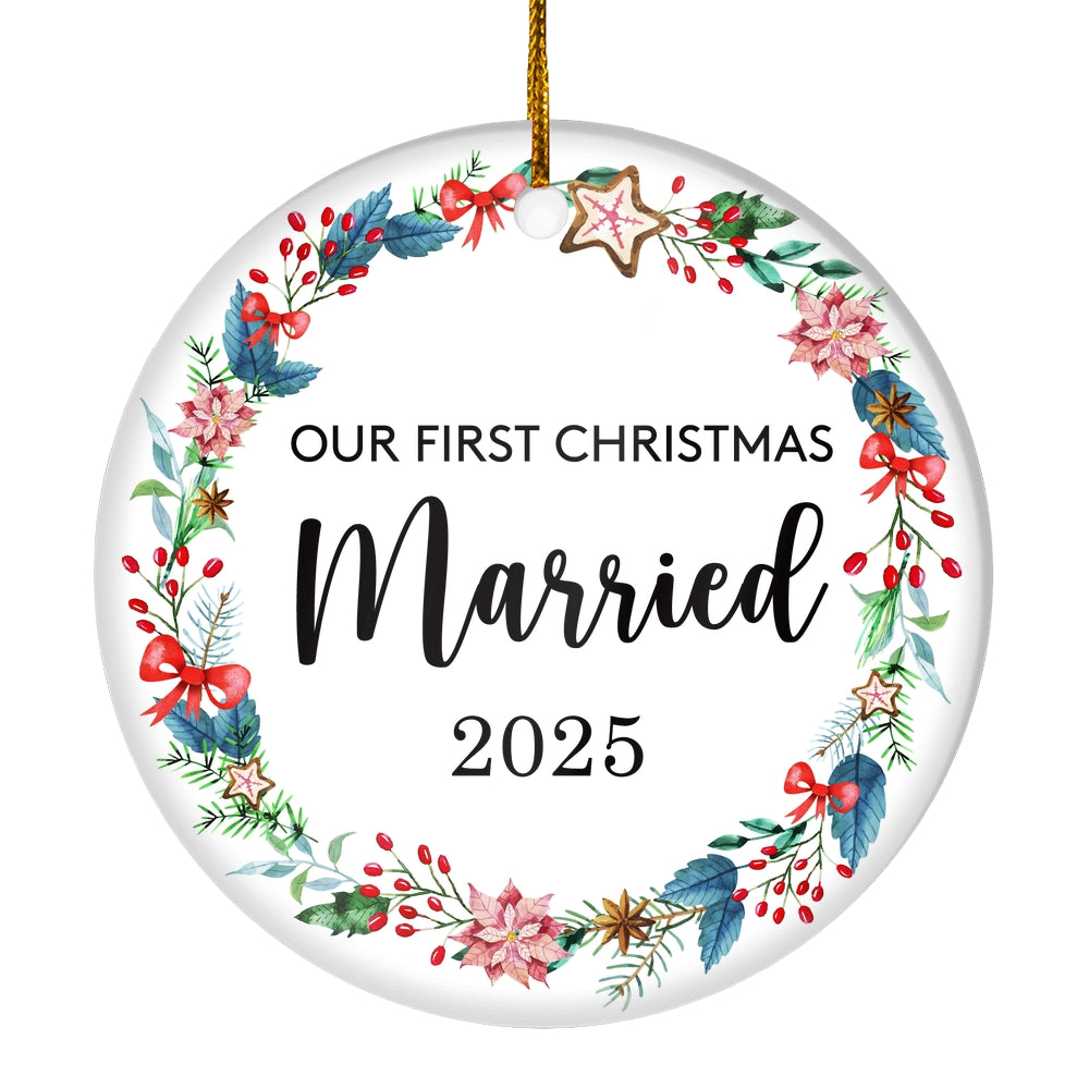 Our First Christmas Married Mr and Mrs 2025 For Wedding Newlywed Couple (19) 2025 Christmas Tree Ornament | teecentury