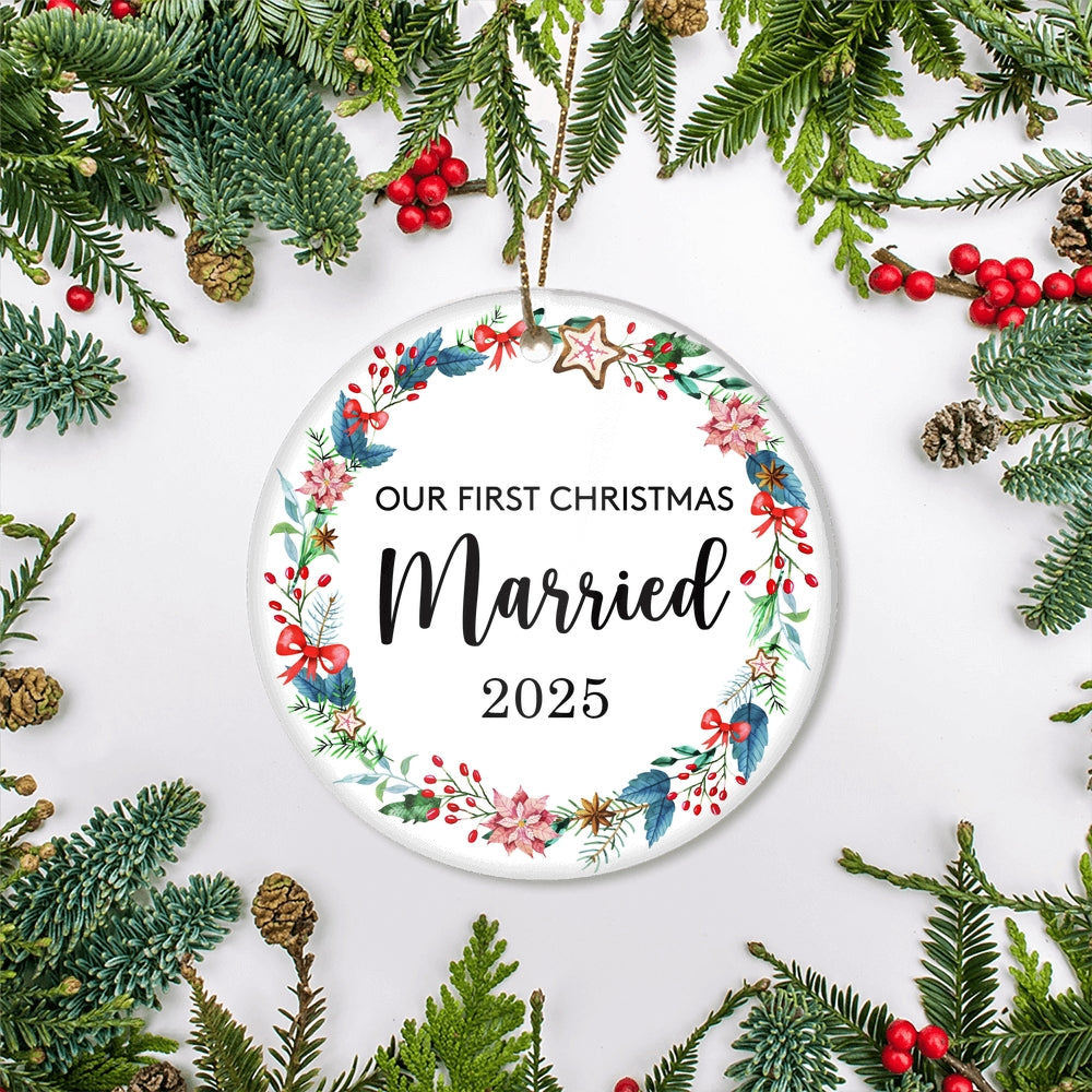 Our First Christmas Married Mr and Mrs 2025 For Wedding Newlywed Couple (19) 2025 Christmas Tree Ornament | teecentury