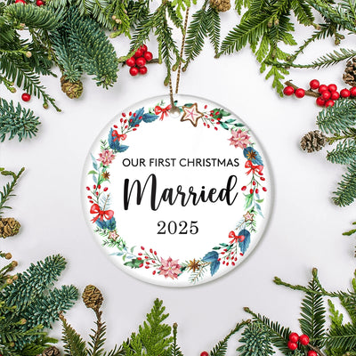 Our First Christmas Married Mr and Mrs 2025 For Wedding Newlywed Couple (19) 2025 Christmas Tree Ornament | teecentury