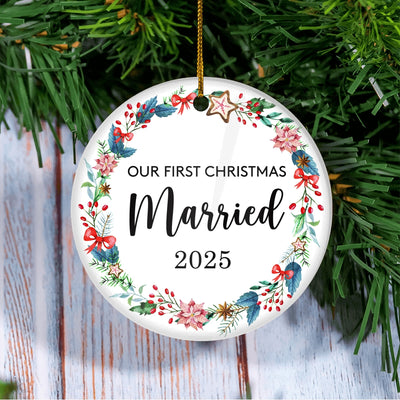 Our First Christmas Married Mr and Mrs 2025 For Wedding Newlywed Couple (19) 2025 Christmas Tree Ornament | teecentury