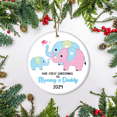 Our First Christmas as Mommy and Daddy 2022 1st Xmas Ornament for New Parents Elephant Mom Dad Newborn Baby Christmas Tree Ornament Ornament | Teecentury.com