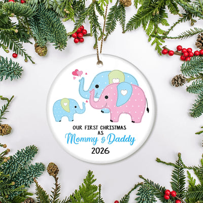 Our First Christmas as Mommy and Daddy 2025 1st Xmas Ornament for New Parents Elephant Mom Dad Newborn Baby Christmas Tree Ornament | teecentury