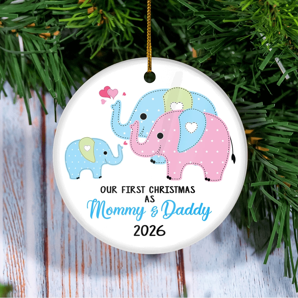 Our First Christmas as Mommy and Daddy 2025 1st Xmas Ornament for New Parents Elephant Mom Dad Newborn Baby Christmas Tree Ornament | teecentury