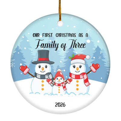 Our First Christmas as a Family of Three 2025 Ornament Snowman Keepsake Gift for New Baby Parents Christmas Tree Ornament | teecentury