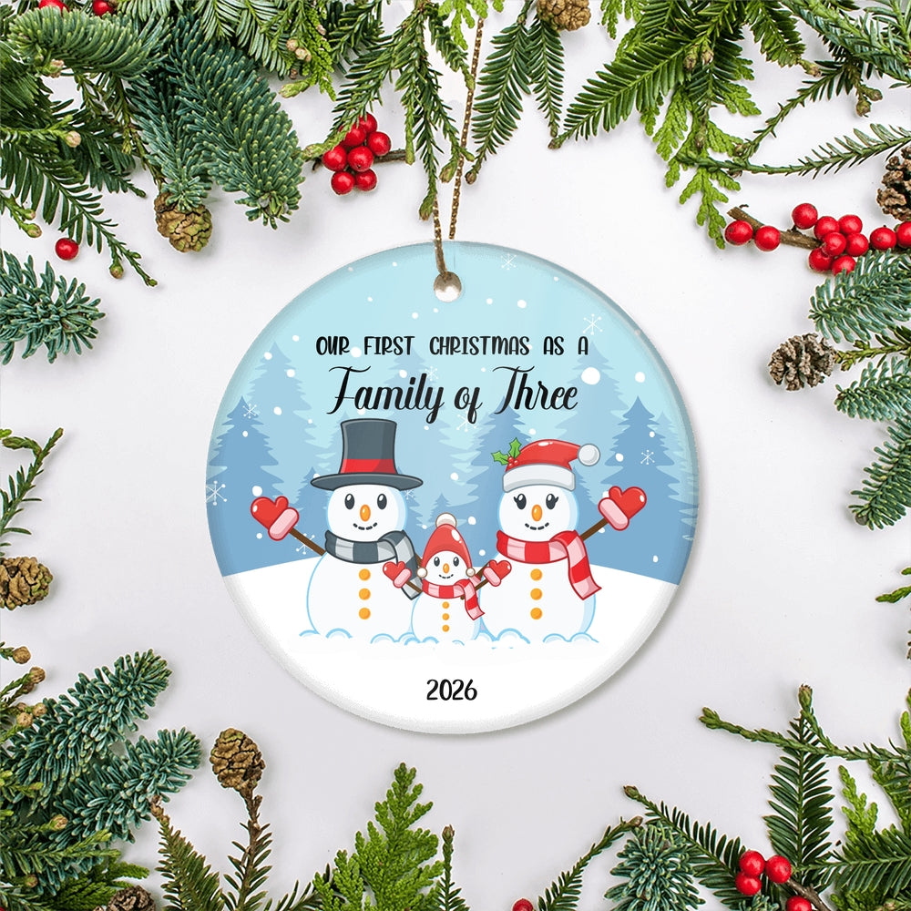 Our First Christmas as a Family of Three 2025 Ornament Snowman Keepsake Gift for New Baby Parents Christmas Tree Ornament | teecentury