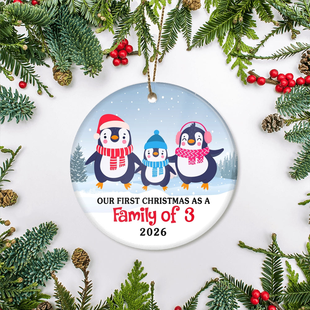 Our First Christmas as a Family of Three Ornament 2025 1st Christmas as Mommy and Daddy New Baby Parents Penguin Gift Ornament | teecentury