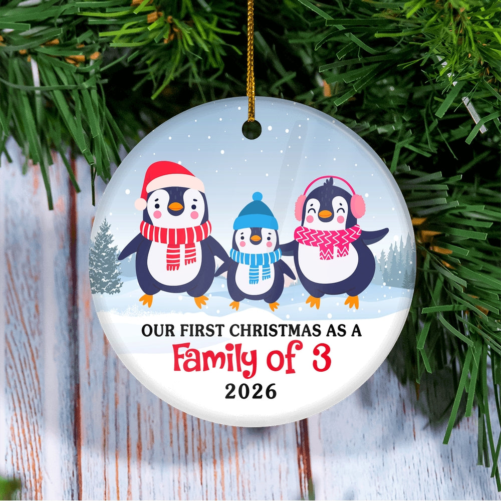 Our First Christmas as a Family of Three Ornament 2025 1st Christmas as Mommy and Daddy New Baby Parents Penguin Gift Ornament | teecentury
