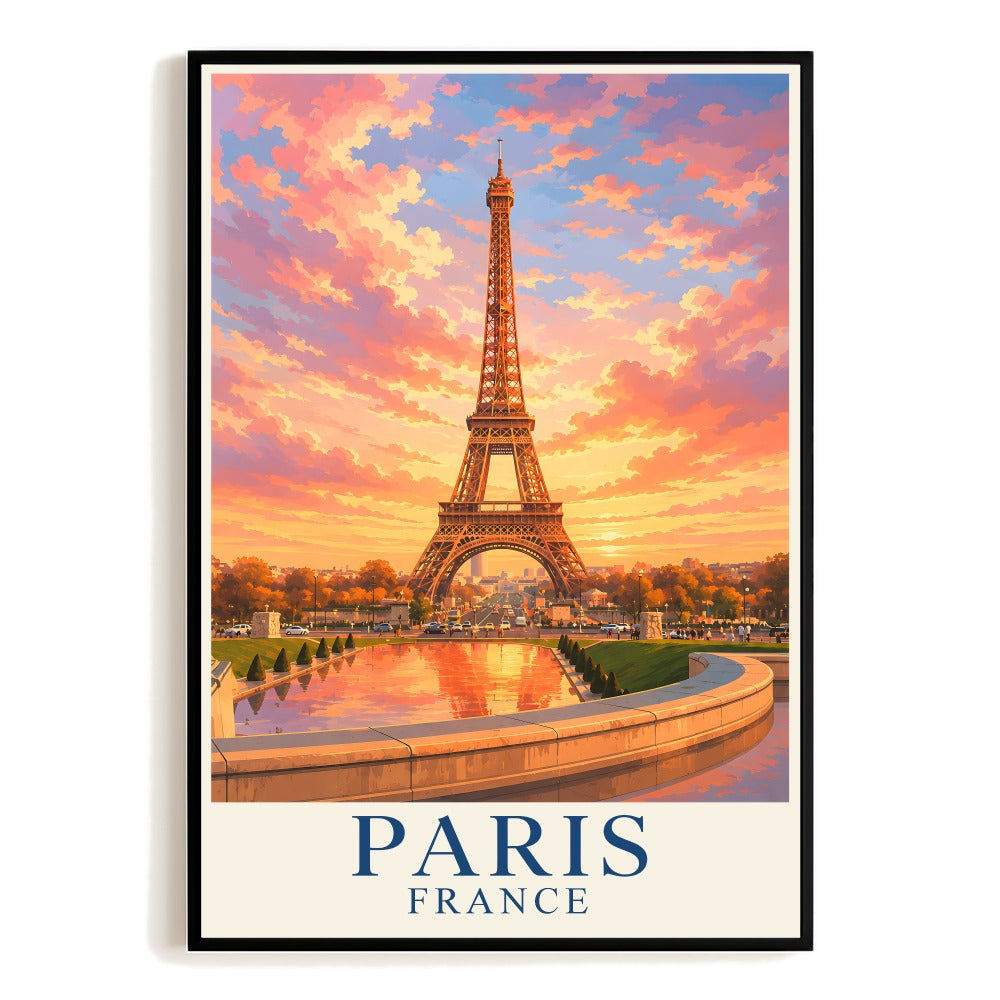 Paris France Eiffel Tower Vintage Travel Poster Souvenir Sunset Skyline Wall Art Landscape Print Painting Ideal For Home Living Room Office Bedroom Decor Unframed | teecentury