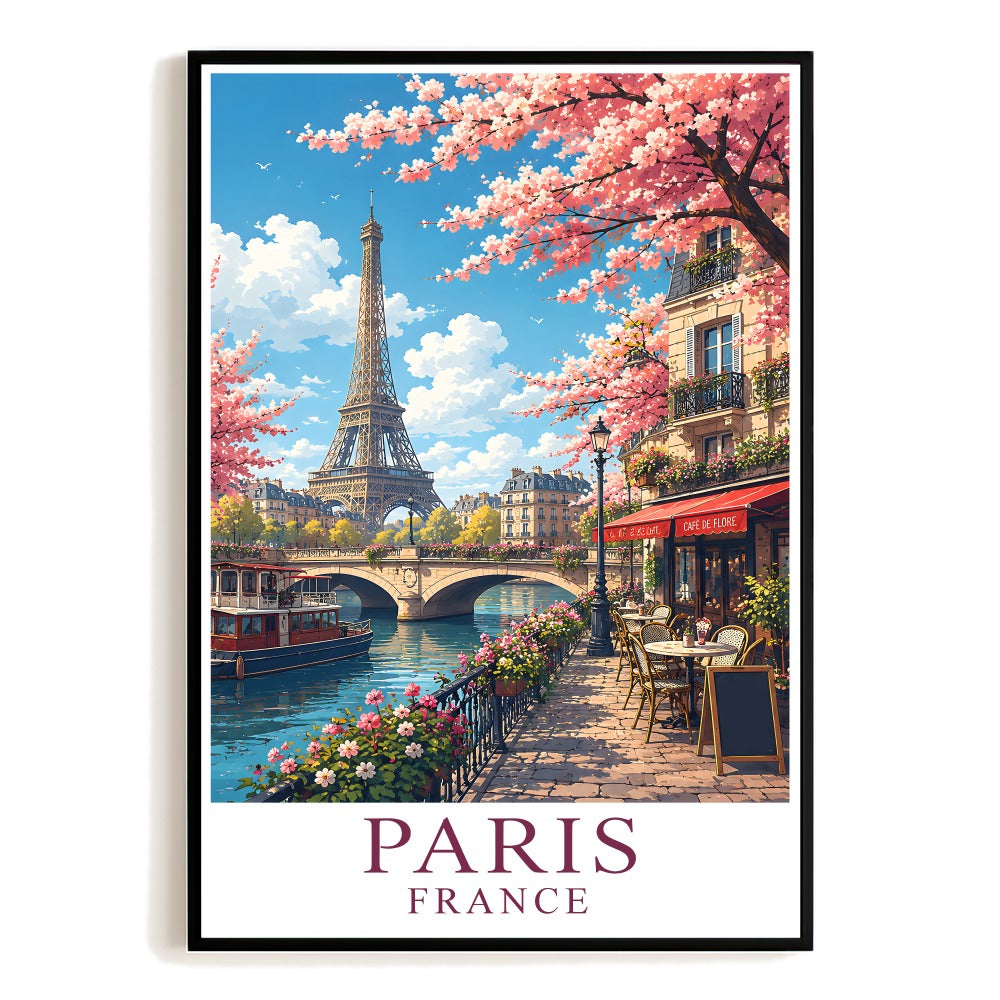 Paris France Travel Poster Eiffel Tower Cherry Blossom Landscape Wall Art Vintage Style Print Painting For Family Home Living Room Office Bedroom Decor Unframed | teecentury