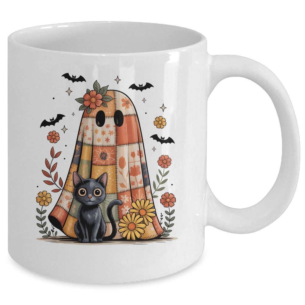 Patchwork Halloween Ghost And Cat Png Retro Spooky Floral Mug | teecentury