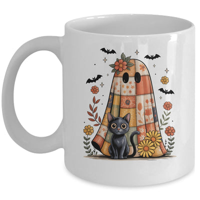 Patchwork Halloween Ghost And Cat Png Retro Spooky Floral Mug | teecentury