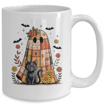 Patchwork Halloween Ghost And Cat Png Retro Spooky Floral Mug | teecentury