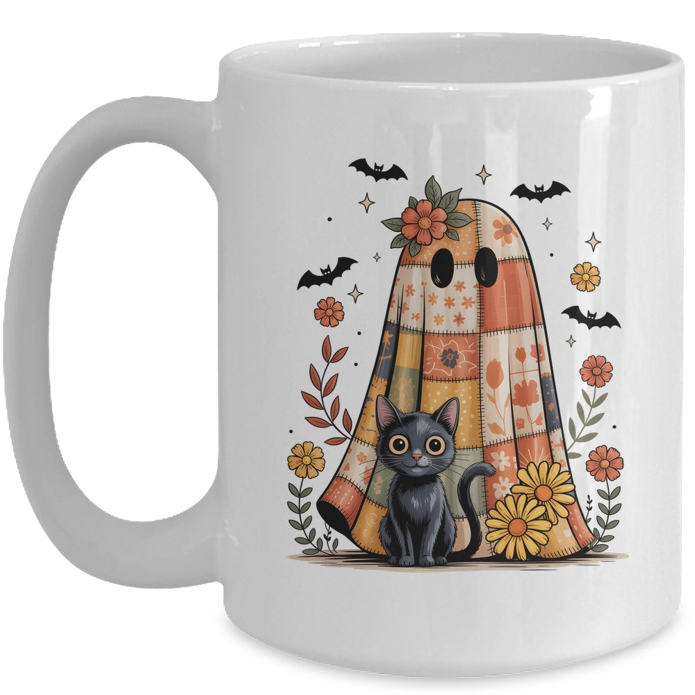 Patchwork Halloween Ghost And Cat Png Retro Spooky Floral Mug | teecentury