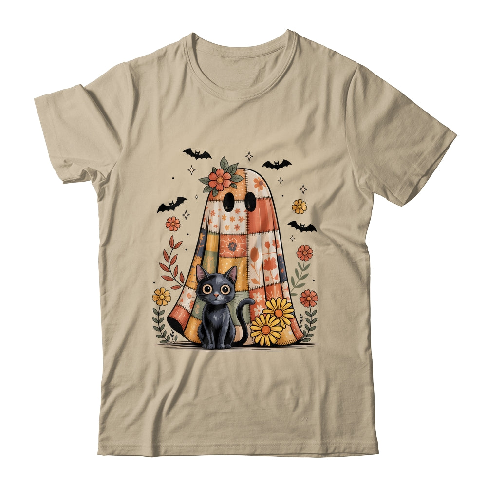Patchwork Halloween Ghost And Cat Png Retro Spooky Floral Shirt & Sweatshirt | teecentury