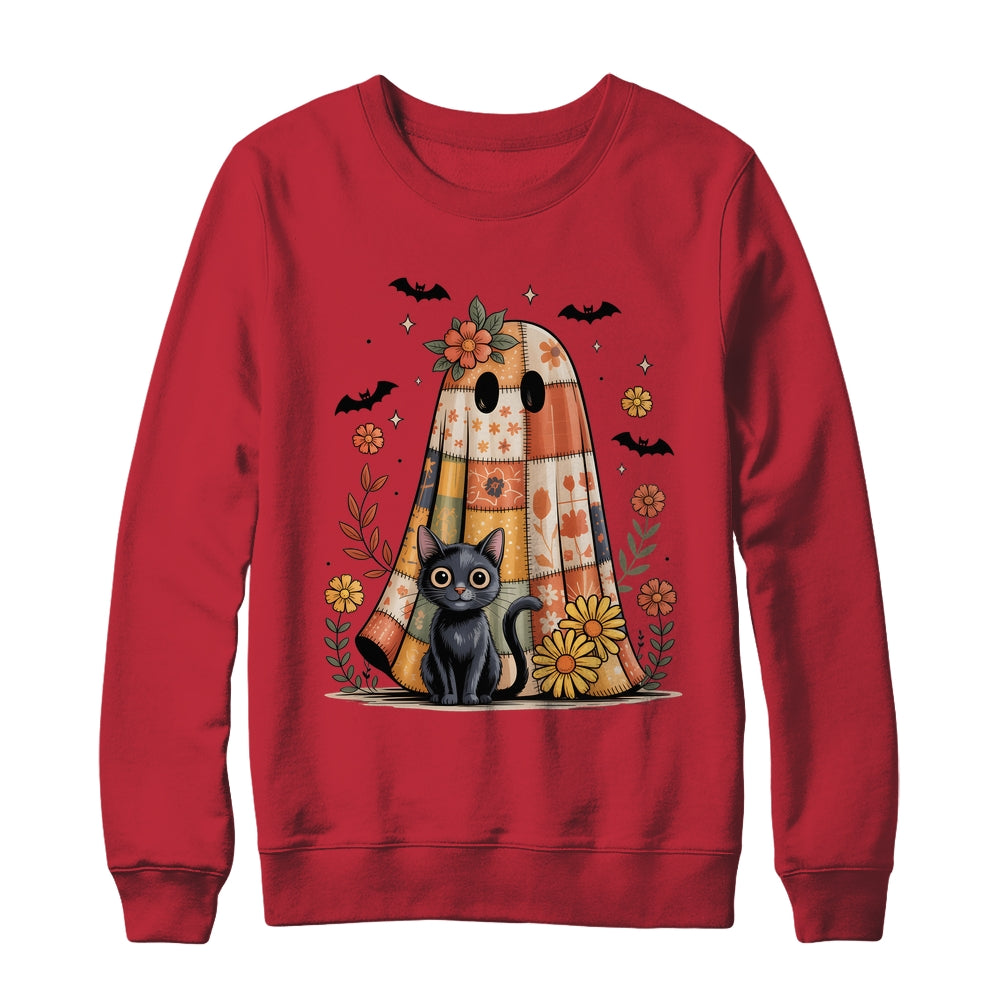Patchwork Halloween Ghost And Cat Png Retro Spooky Floral Shirt & Sweatshirt | teecentury
