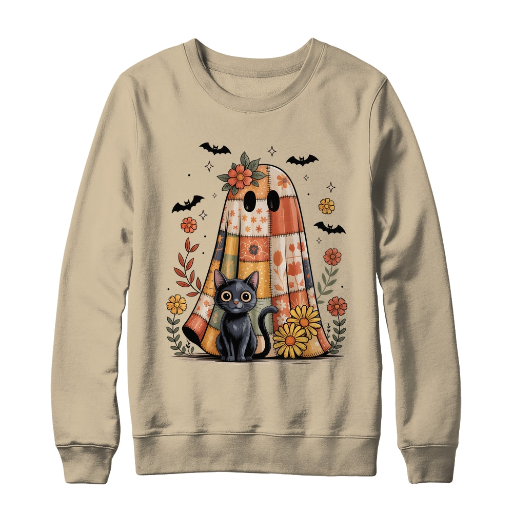 Patchwork Halloween Ghost And Cat Png Retro Spooky Floral Shirt & Sweatshirt | teecentury