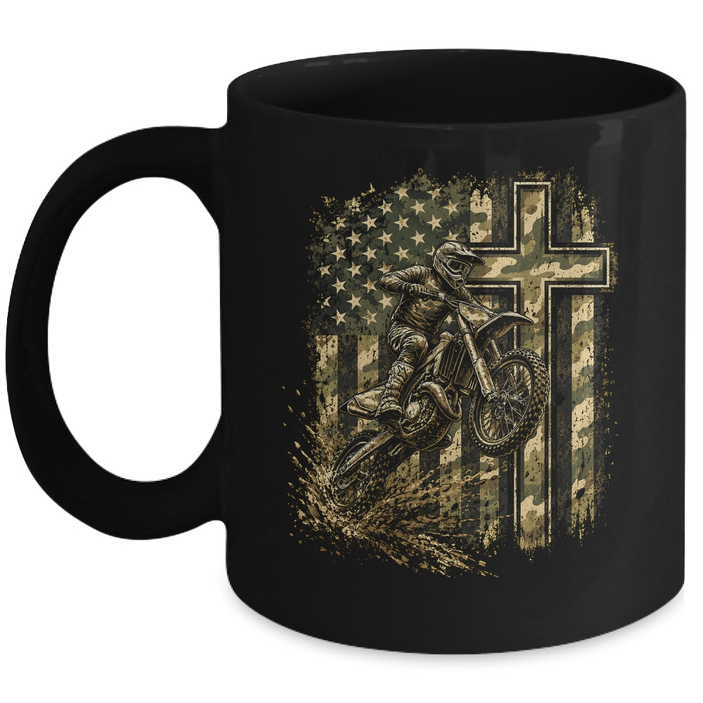 Patriotic Dirt Bike Camo American Flag Christian Motocross Mug | teecentury