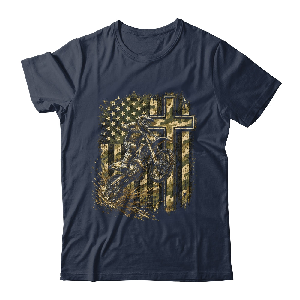Patriotic Dirt Bike Camo American Flag Christian Motocross Shirt & Hoodie | teecentury