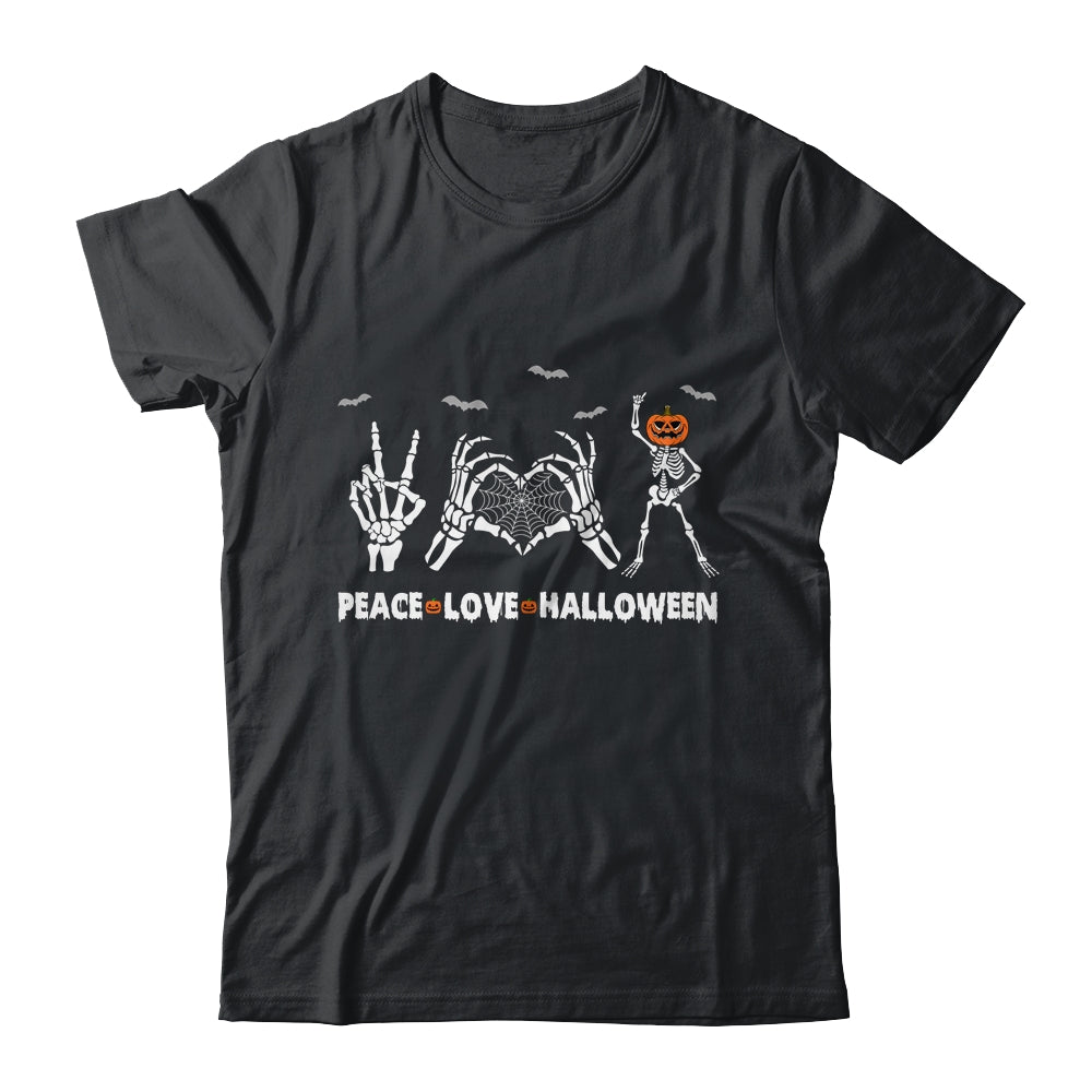 Peace Love Halloween Happy Halloween Pumpkin Skeleton Hands Shirt & Hoodie | teecentury