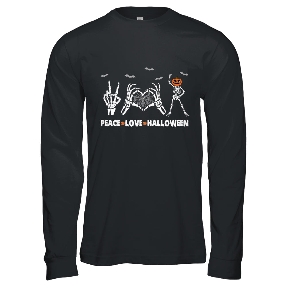 Peace Love Halloween Happy Halloween Pumpkin Skeleton Hands Shirt & Hoodie | teecentury