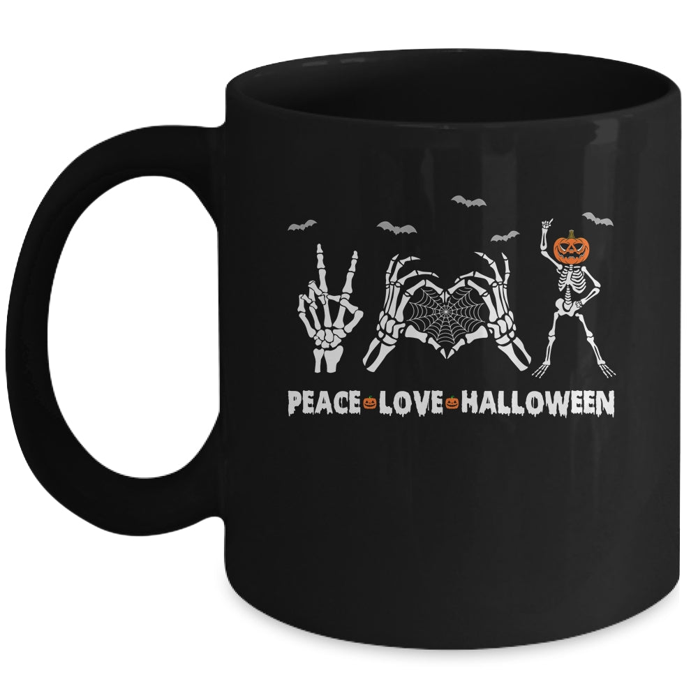 Peace Love Halloween Happy Halloween Pumpkin Skeleton Hands Mug | teecentury
