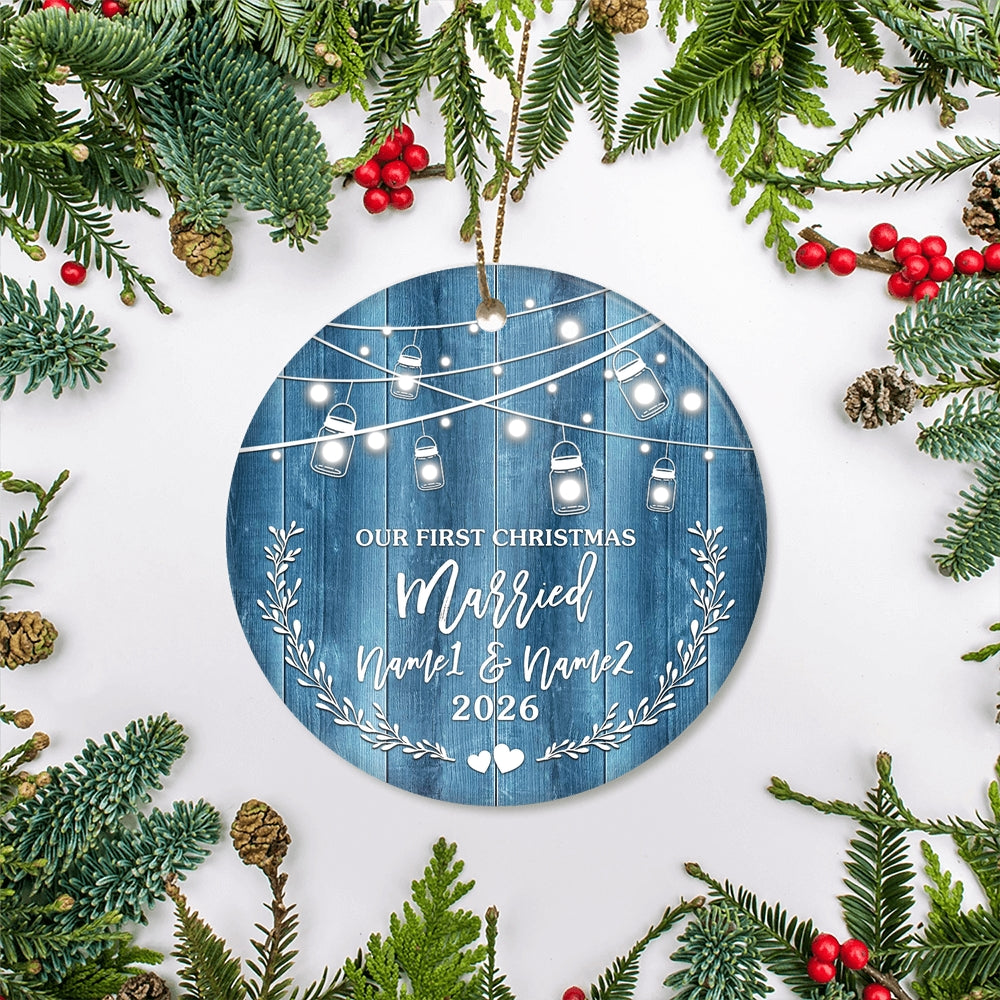 Personalize Our 1st Christmas Married Ornament 2025 Custom With Name for Couples Husband Wife Wedding Newlywed Decoration Customized Christmas Tree Ornament | teecentury
