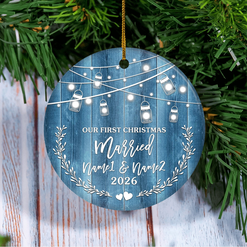 Personalize Our 1st Christmas Married Ornament 2025 Custom With Name for Couples Husband Wife Wedding Newlywed Decoration Customized Christmas Tree Ornament | teecentury