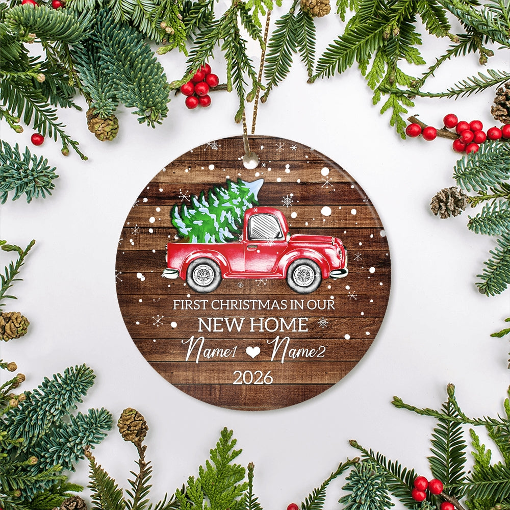 Personalized 2025 First Christmas in Our New Home Ornament Red Car Mr & Mrs Newlywed Couples Romantic Customized Christmas Tree Ornament | teecentury