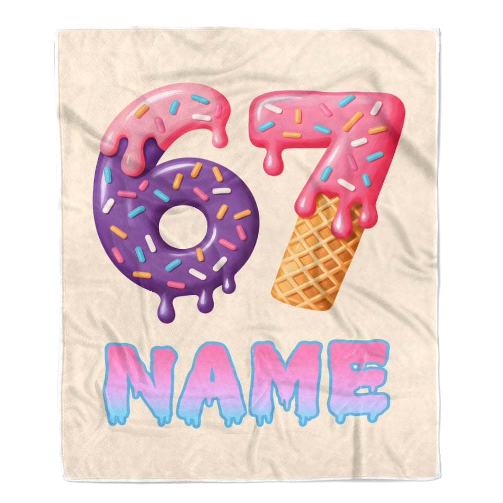 Personalized 67 Meme Donut Birthday Blanket Custom Name 6 7 Slang Funny Kids Six Seven Sprinkles Ice Cream Drip Design Children Gift Christmas Fleece Blanket | teecentury