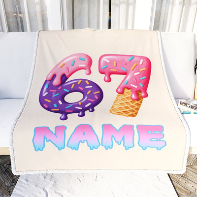 Personalized 67 Meme Donut Birthday Blanket Custom Name 6 7 Slang Funny Kids Six Seven Sprinkles Ice Cream Drip Design Children Gift Christmas Fleece Blanket | teecentury